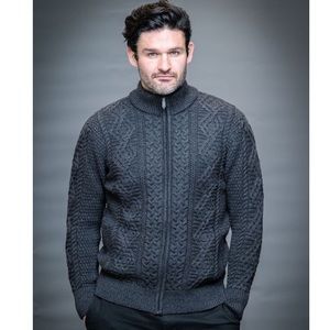 Original Aran Co Mens Wool Charcoal Fisherman Full Zip Sweater M